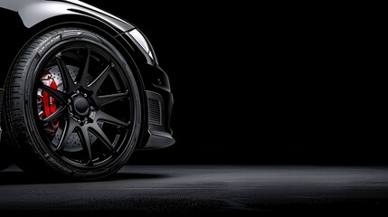 A sleek black car wheel shines against a dark backdrop, showcasing its intricate design and red brake caliper, This image is perfect for automotive articles, marketing materials