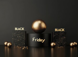 Black podium with golden spheres for product presentation on a black background. Black Friday sale banner template design with space to display your products or services.