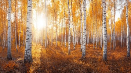 Obraz premium Golden sunlight streams through a birch forest, illuminating the vibrant fall foliage.