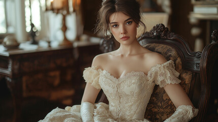 Fototapeta premium A refined Victorian lady in a lace-embellished gown posing elegantly in a grand parlor, with soft candlelight illuminating her intricate dress