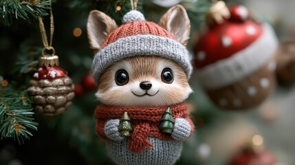 A cute fox ornament wearing a knitted hat and scarf with tiny trees in its hands, hanging on a Christmas tree, Ideal for seasonal decorations, holiday-themed projects, or festive marketing materials,