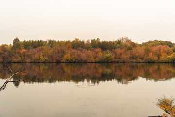 Autumn landscape with lake. Autumn forest on the bank of a river
