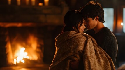 Obraz premium A young couple sharing a tender moment, wrapped in a warm blanket, set against a cozy fireplace