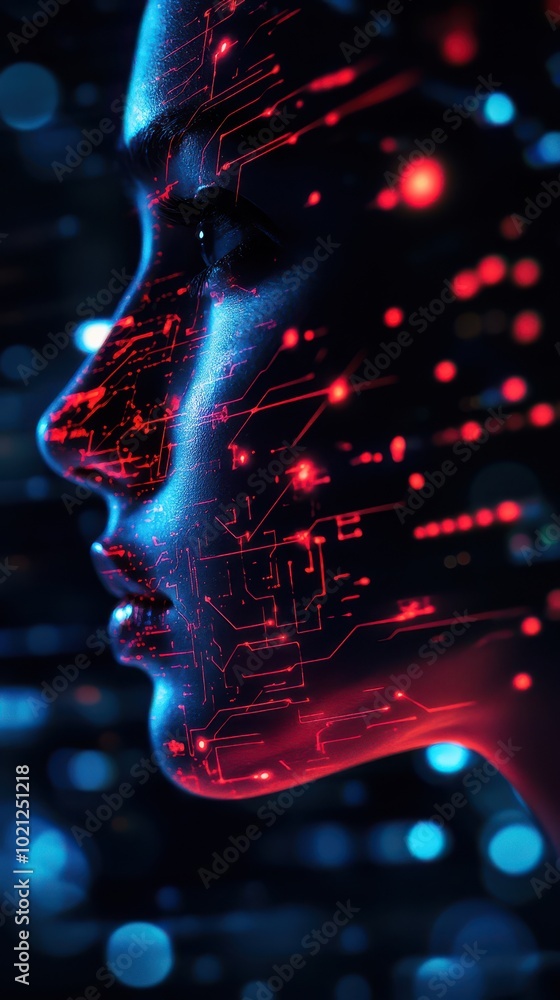 Poster profile of a woman with digital circuit patterns and glowing lights, showcasing the fusion of techno