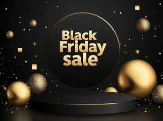 Fototapeta premium Black podium with golden spheres for product presentation on a black background. Black Friday sale banner template design with space to display your products or services.