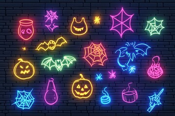 Obraz premium A neon sign showing various Halloween icons such as glowing candles, spider webs, pumpkins, and skulls in bright colors on a dark background. 