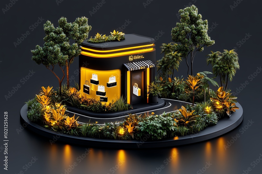 Poster 3D model of a futuristic online shopping experience where products hover as interactive holograms, with detailed lighting and shadows enhancing the virtual environment
