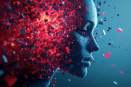 A Digital Human Head Disintegrating into Red and Blue Fragments