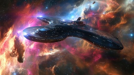 Futuristic spaceship navigating through a vibrant, colorful nebula in deep space.