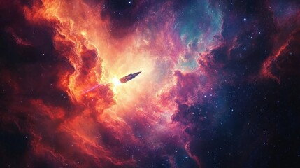 A sleek spaceship navigates through a vibrant nebula, surrounded by colorful cosmic clouds and distant stars.