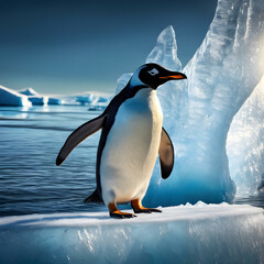 Fototapeta premium A penguin stands on a snow-covered beach with an iceberg in the background.