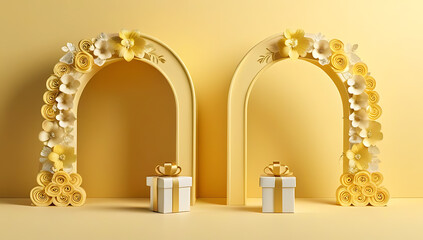 Fototapeta premium elegant gift boxes floral decor light yellow arch