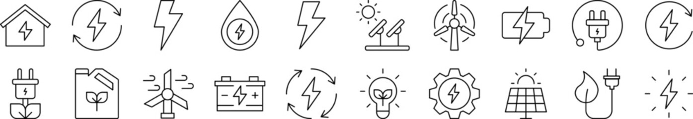 Collection of Signs of Green Energy Drawn with Thin Line for apps, web sites, banners, infographics and other types of design