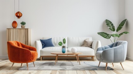 A living room with a white couch, two orange chairs, and a green plant