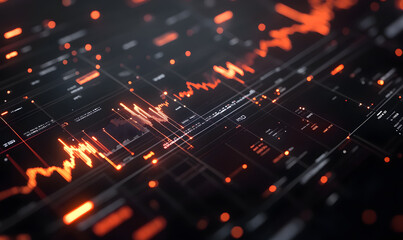 Obraz premium Futuristic financial dashboards and luxury business charts with glowing neon lines, gold accents, and connected nodes for corporate branding.