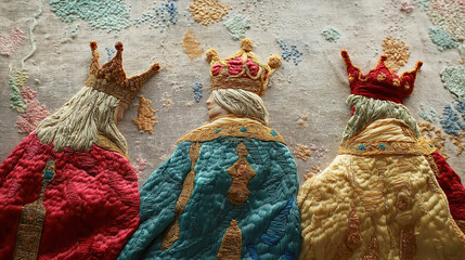 Fototapeta premium Reyes Magos in 3D Embroidered Design with Ornate Robes and Colorful Crowns