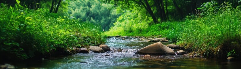 A serene view of a flowing river surrounded by lush green vegetation and smooth stones.