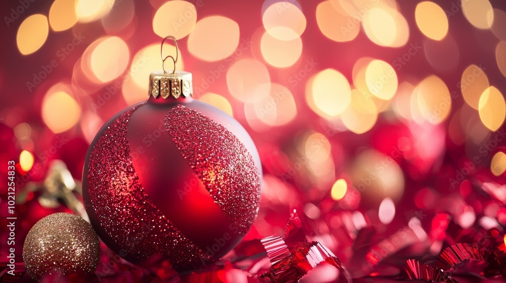 Wall mural close-up of a red christmas ornament with glitter in front of bokeh lights