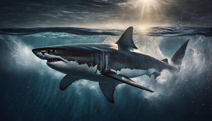 Fototapeta premium A black shark swimming in the bright blue sea, the sunlight shines on it, highlighting the beauty of its skin.