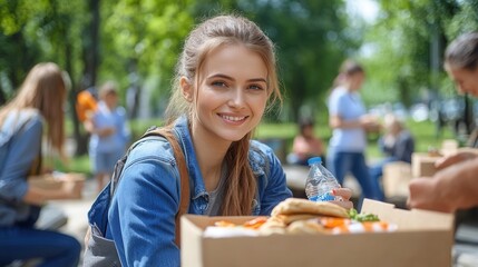 Fototapeta premium A young woman smiles while sitting in a sunny park, surrounded by friends. She holds a container of food and a bottle of water, enjoying a leisurely moment during a friendly picnic gathering on a beau