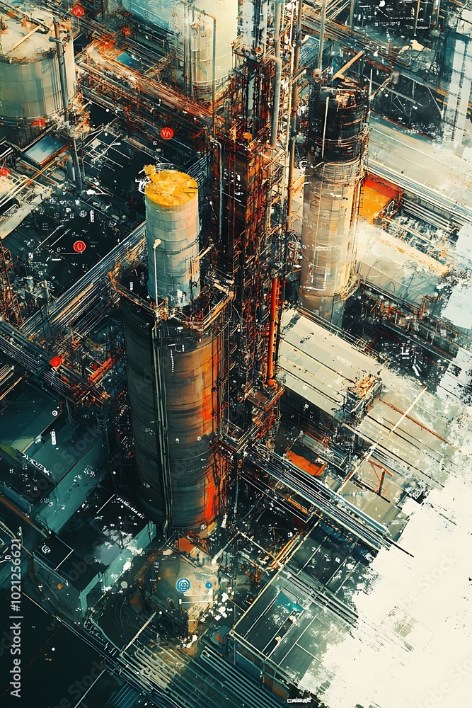 Aufkleber Aerial view of an industrial complex featuring tall structures and intricate machinery in a vibrant and busy environment.