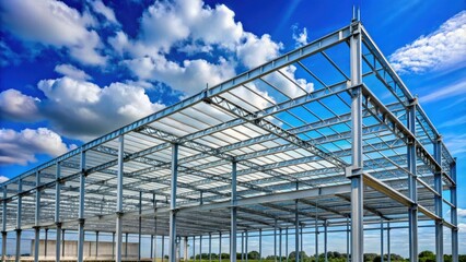 Fototapeta premium A steel frame structure against a backdrop of white clouds and a clear blue sky