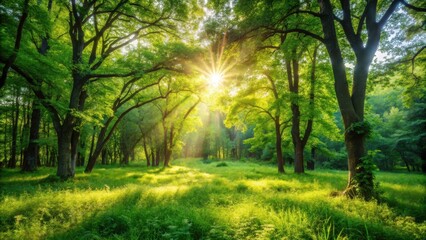 Obraz premium Golden sunlight streams through the dense canopy of a deciduous forest, casting a warm glow on the lush green undergrowth