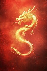 Golden dragon soaring through mystical red mist