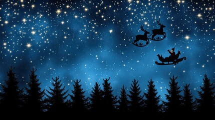 Naklejka premium A silhouette of Santa Claus and his reindeer flies in a sleigh against a beautiful starry night sky, creating a magical Christmas atmosphere in a serene forest setting