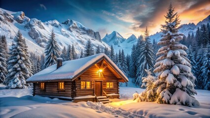 A cozy wooden cabin nestled among snow-covered trees, bathed in the golden light of a winter sunset, with the majestic peaks of the mountains rising in the background.