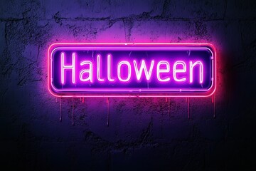 Illustration of a neon sign with the text "Halloween" on a black wall background for decoration and covering. Artwork design element for a holiday constructor