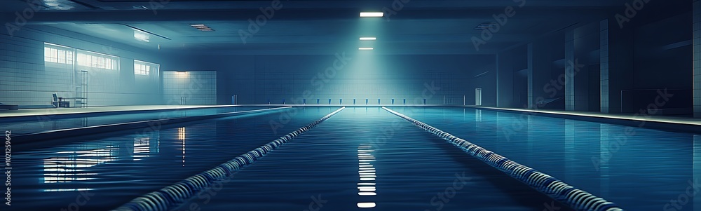 Aufkleber a serene indoor swimming pool illuminated by soft lighting, reflecting calm blue water and creating 