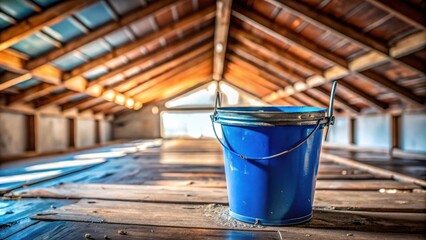 Naklejka premium A solitary blue bucket sits atop a weathered wooden floor in a dimly lit attic space, bathed in the soft glow of sunlight filtering through a window, casting an ethereal ambiance.