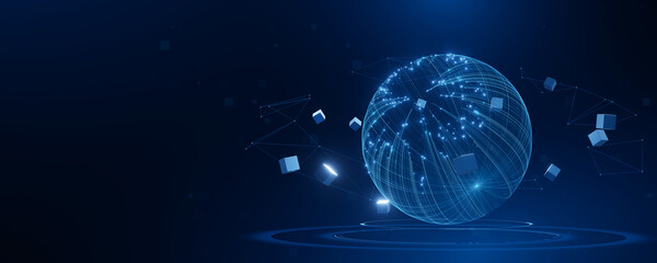 The sphere is surrounded by a blue and white pattern