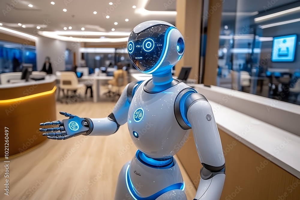 Poster A futuristic office space where robots and humans work side by side on complex tasks, representing the integration of AI and automation in tomorrowâ€™s workforce