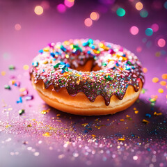 Glitter glazed donuts The icing sugar is scattered and sparkles. The light reflects off the shiny surface clearly. The bright colors of the glaze make the dessert look sweet.
