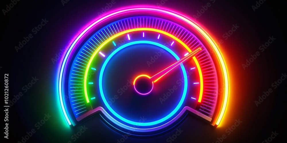 Poster bright neon speedometer display with vibrant colors showing high velocity on a dark background
