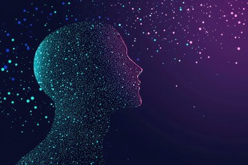 Abstract Profile Silhouette of a Person Formed by Glowing Dots on a Dark Background with Scattered Glowing Dots