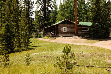 Obraz premium Holzwarth historic cabin nestled among the ponderosa pines in Kawuneeche Valley, Rocky Mountain National Park, Colorado in mid-July