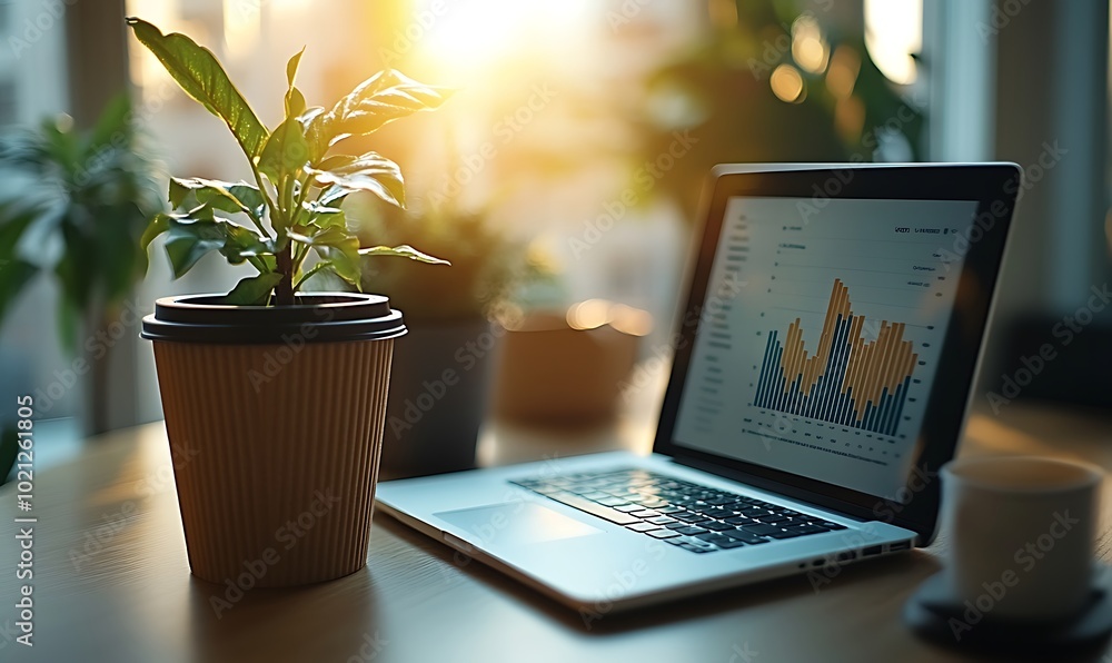 Poster a cozy workspace featuring a laptop displaying graphs, illuminated by warm sunlight, accompanied by 