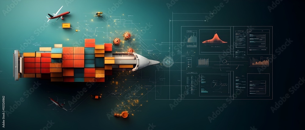 Poster efficient global logistics orchestrated by advanced ai with container ships cargo planes and transpo