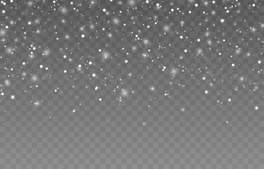 Vector snow falling from above. Snowfall on isolated transparent background. Christmas or winter background. Snow or snowflakes png.