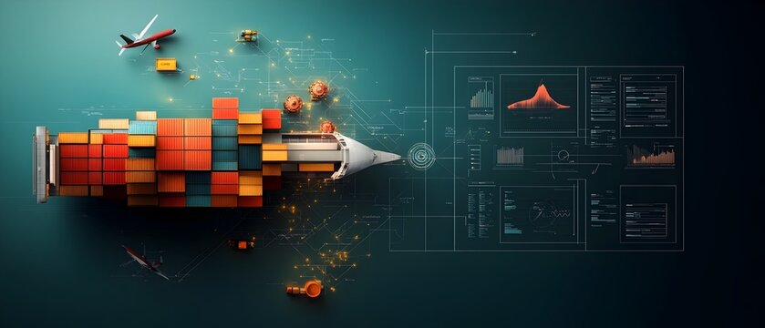 Efficient global logistics orchestrated by advanced AI with container ships cargo planes and transportation infrastructure seamlessly coordinated in real time