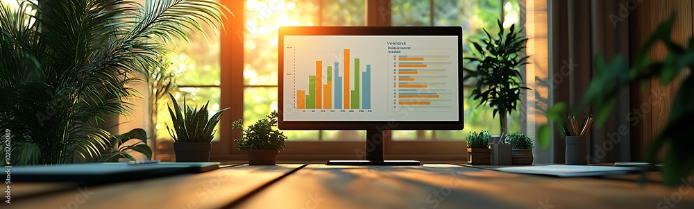 Leinwandbilder A modern workspace with a computer displaying colorful charts, surrounded by plants and bathed in warm sunlight.