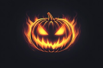 Glowing orange Halloween pumpkin logo with glowing flames on a dark background, in a minimalistic style, with glowing light effects and glowing lights around the design
