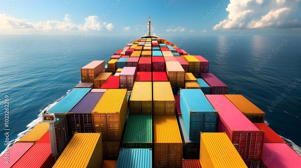 Poster Massive AI driven container ship transporting multicolored shipping containers across the vast open ocean with advanced onboard navigation and tracking technologies