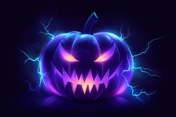A glowing purple jack-o'-lantern, a Halloween background with a neon light effect and smoke, a Halloween core mood, a glowing purple pumpkin. High quality