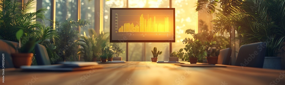 Leinwandbilder A bright workspace with a large monitor displaying data analytics, surrounded by houseplants, creating a productive and inviting atmosphere.