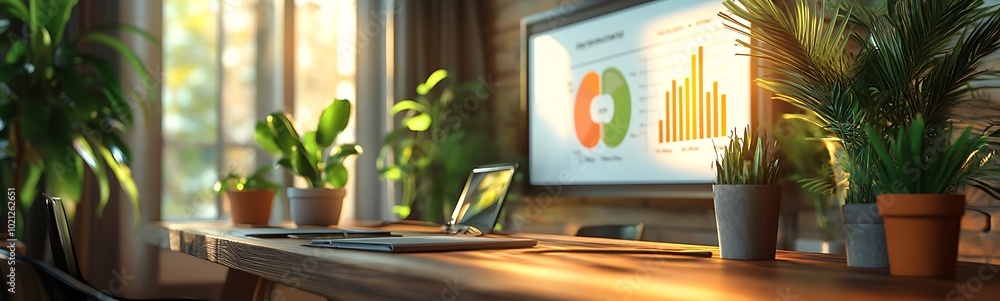 Poster A modern workspace featuring a monitor displaying graphs, surrounded by lush greenery and soft sunlight filtering through a window.