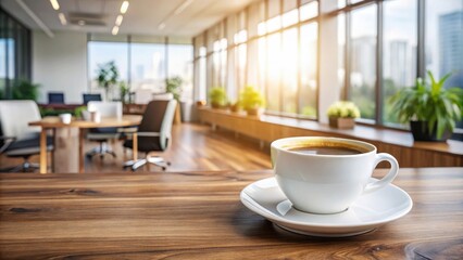 Fototapeta premium A solitary cup of coffee on a wooden table in a bright, sun-drenched office with a view of the city skyline through large windows.